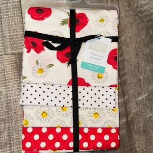 NEW  WITH TAGS Hudson Baby Red and Yellow Floral‎ Receiving Blankets lot of 4